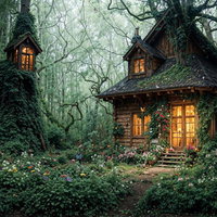 深い森の奥に建つ温かい灯りの木造コテージの写真