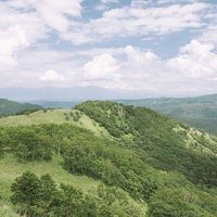 牧歌的な山々の景色が連なる霧ヶ峰の高原風景の写真