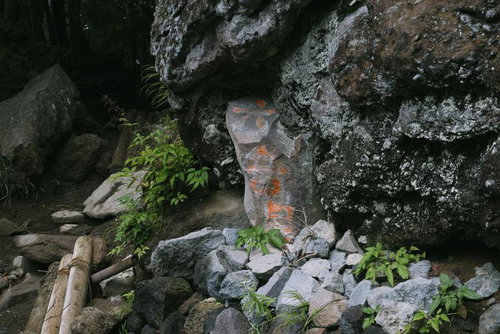 日本百名山・男体山登山道の六合目周辺、苔むした岩肌
