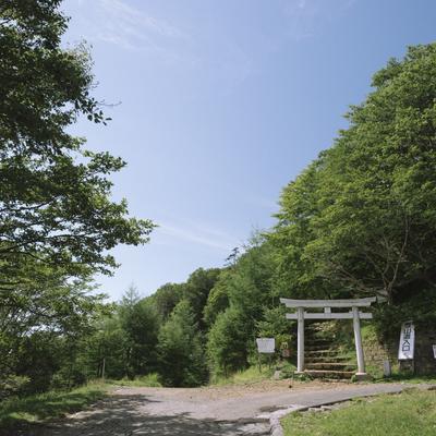 日光男体山四合目の登山口に立つ白い鳥居と参道の風景の写真