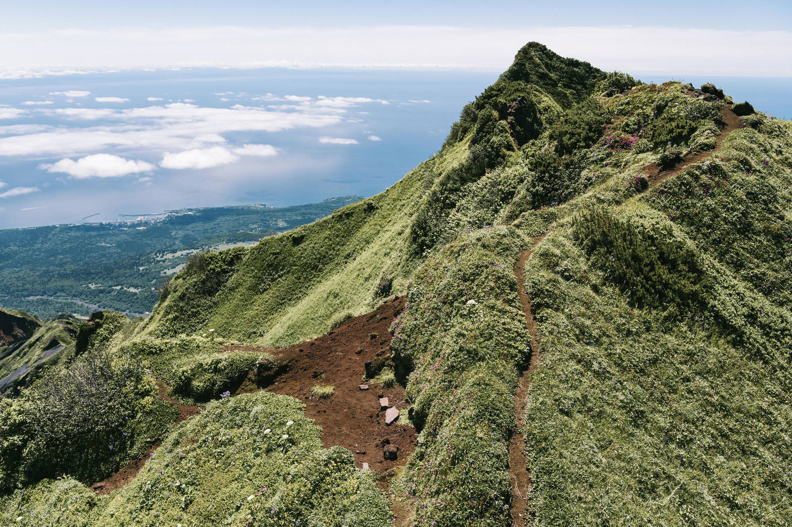 利尻岳南峰の登山道。緑の斜面を蛇行する土の道、遠く湖が見える