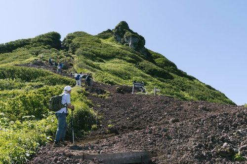 利尻岳山頂を見上げる登山者たち、火山斜面の登山道を進む
