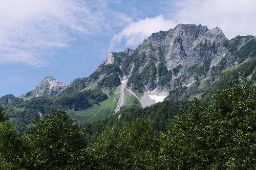 横尾方面から見上げる奥穂高岳の岩山と北アルプスの絶景