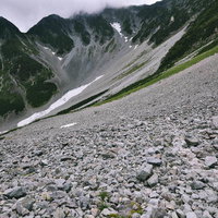 涸沢からザイテングラートへ向かう登山道の雪渓と岩場の写真