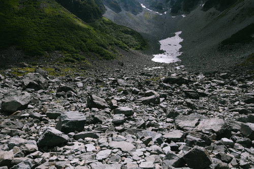 雪渓残る涸沢カール、岩場と渓流が織りなす奥穂高岳の山岳地形