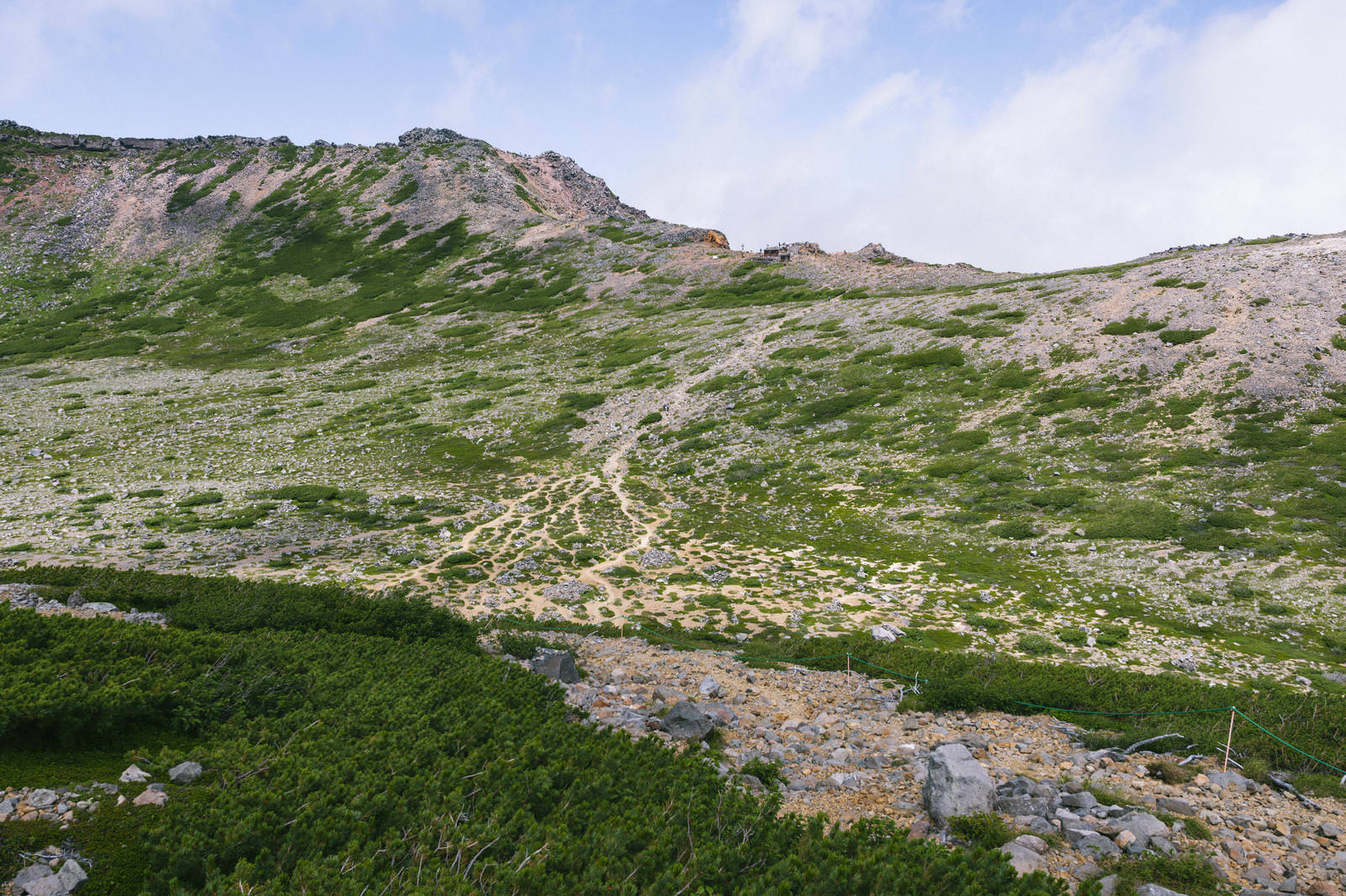 御嶽山の賽の河原に広がる高原と岩場、背景に山々が連なる風景