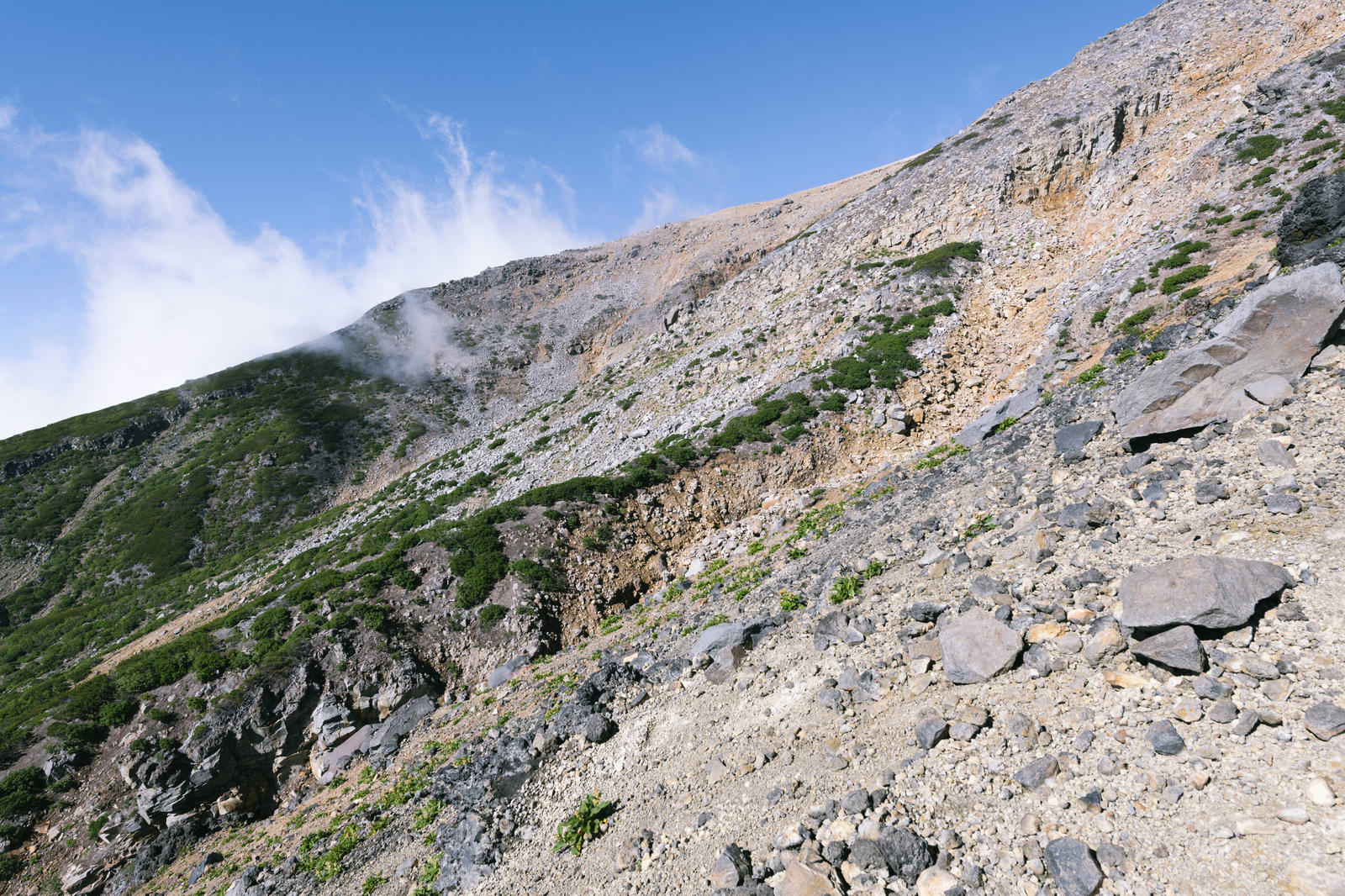 火山の岩場に続く登山道と青空が広がる御嶽山の風景