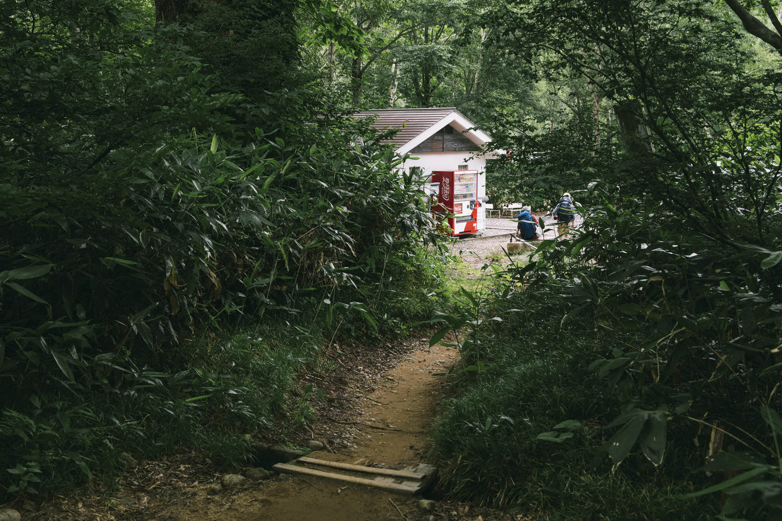 樹林に囲まれた土の登山道の先に山小屋と登山者が見える