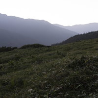 早朝の太郎平高原と黒部五郎岳の峡谷を望む山々の風景の写真