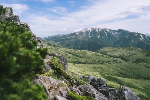 赤木岳周辺から眺める薬師岳と黒部五郎岳の雪渓