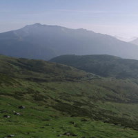 黒部五郎岳の緑の斜面から薬師岳を眺める北アルプスの山岳風景の写真