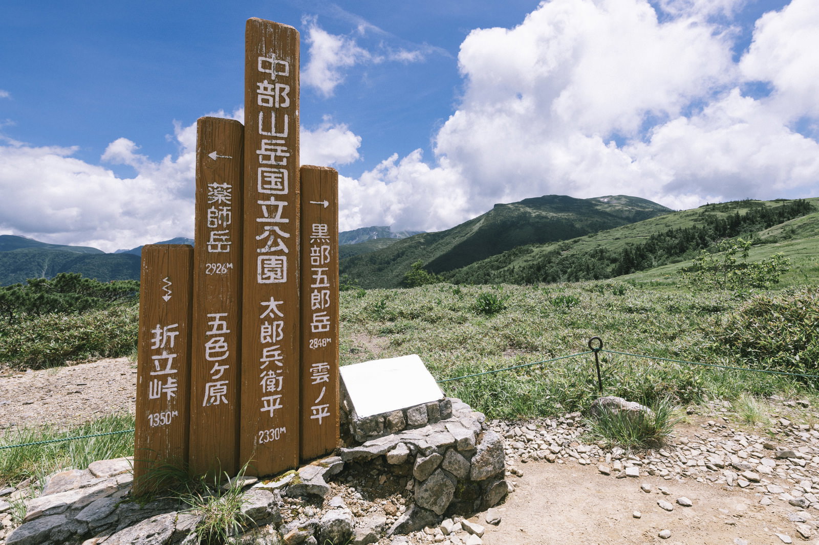 薬師岳への登山道を示す木製の指導標が立つ高山の風景