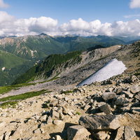 日本百名山・薬師岳の真夏に残る雪渓とカール地形の写真