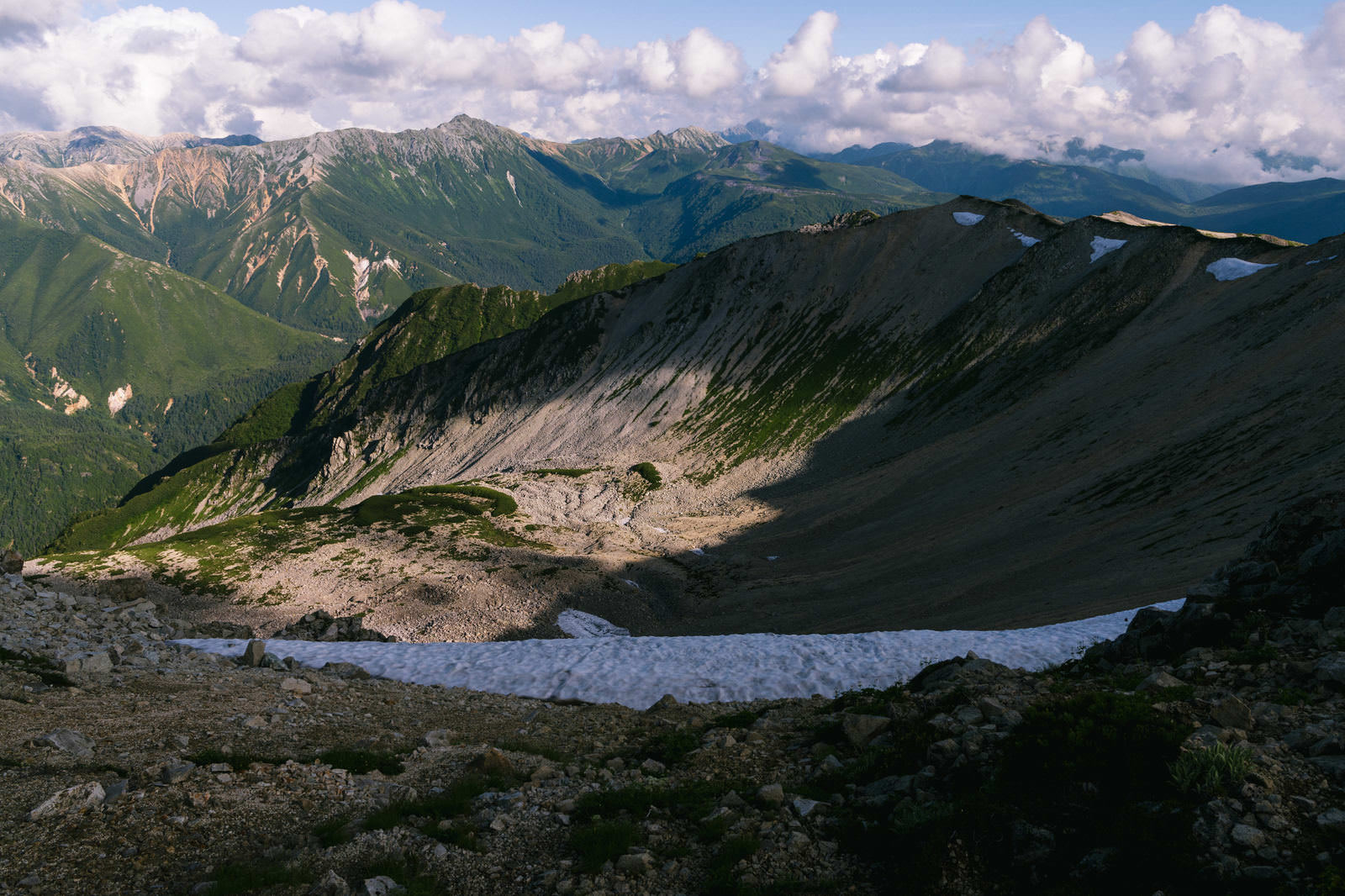 薬師岳の巨大なカール地形と稜線が広がる山岳風景