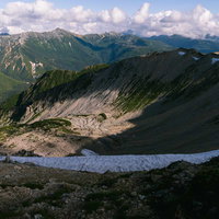 薬師岳の巨大なカール地形と雄大な稜線、氷河地形の絶景の写真