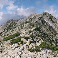薬師岳山頂への岩稜帯の尾根道と雲海の絶景の写真
