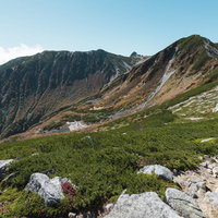 木曽駒ヶ岳の長大なカールと登山道、秋の紅葉に染まる山肌の写真