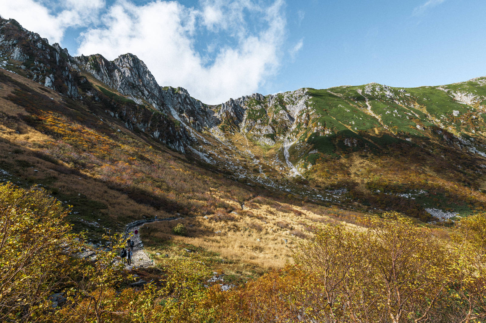 木曽駒ヶ岳の千畳敷カールが黄葉で色づいた秋の山岳風景