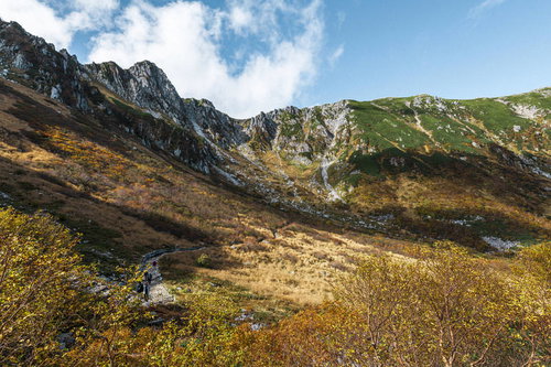 木曽駒ヶ岳の千畳敷カールを彩る秋の黄葉と岩肌のコントラスト
