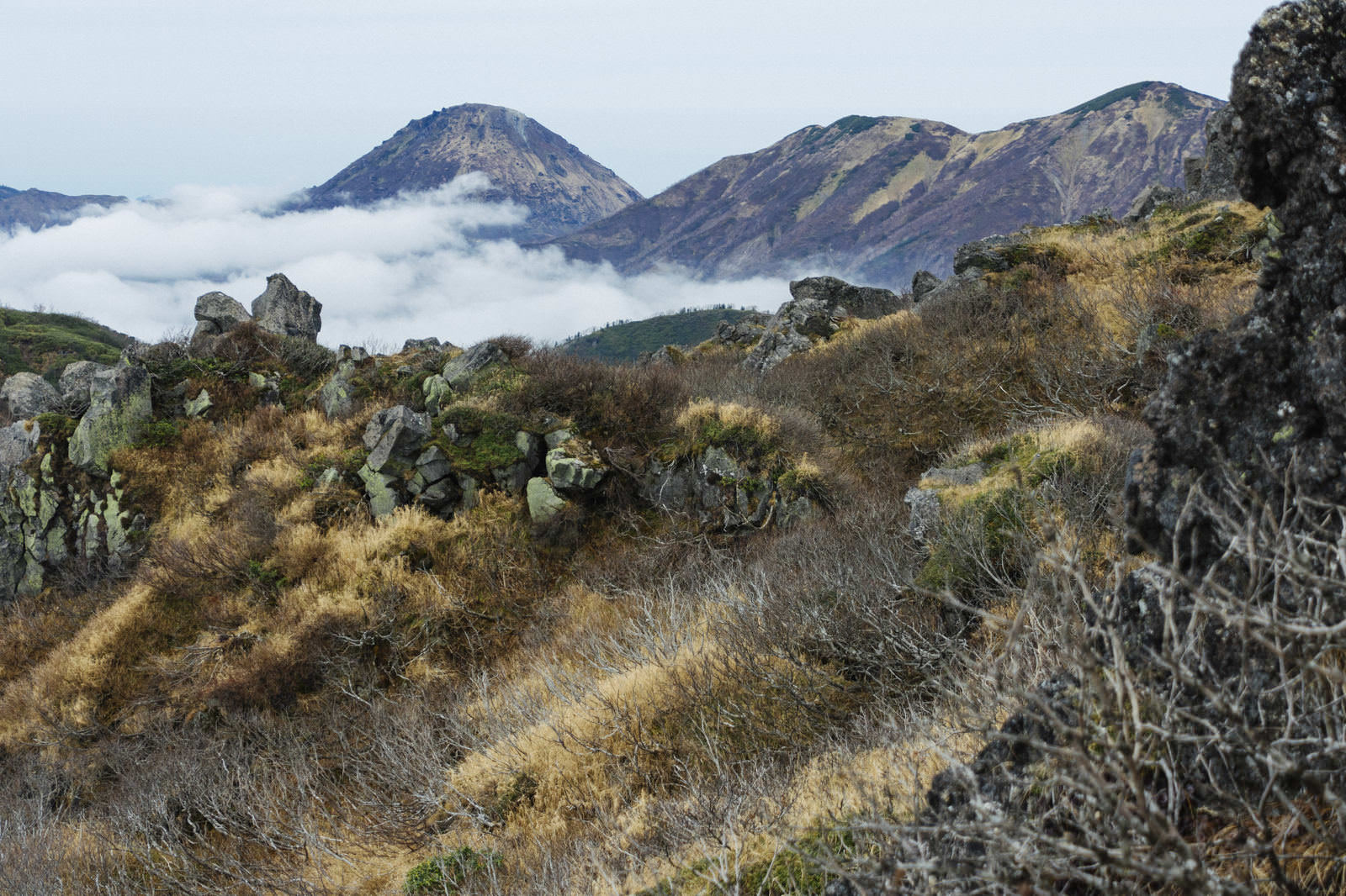 妙高山山頂の岩場から雲海に浮かぶ新潟焼山を望む山岳風景