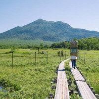 燧ヶ岳に向かう湿原の木道を歩く登山者の姿の写真