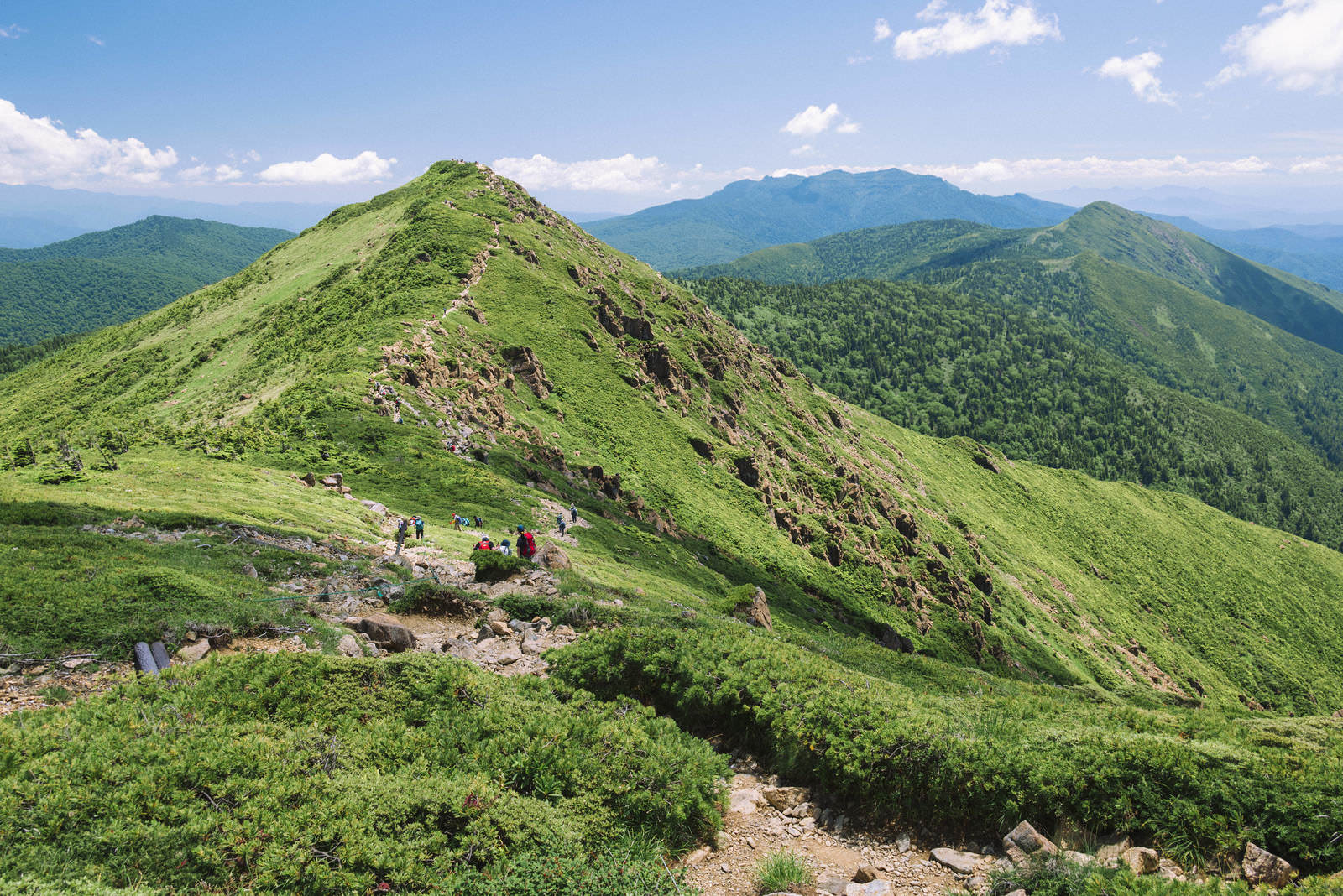 至仏山から小至仏山方面への稜線と登山道を望む山岳風景