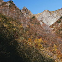 雨飾山の荒菅沢で色づく紅葉と険しい岩肌の渓谷美の写真