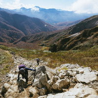 日本百名山・雨飾山の荒菅沢登山道から見下ろす紅葉の山腹の写真