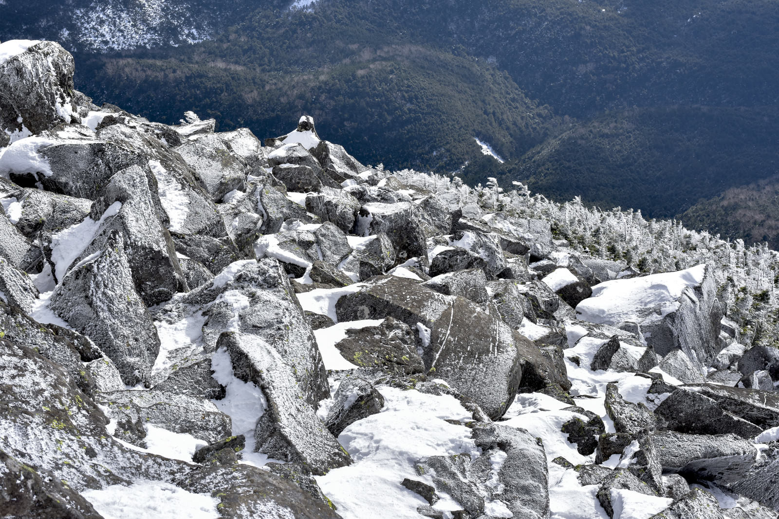 雪に覆われた蓼科山山頂付近の岩場、白い雪と灰色の岩のコントラスト
