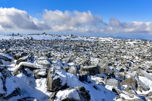雪に覆われた蓼科山山頂の岩場と青空