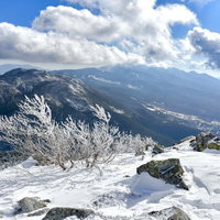 蓼科山から望む霧氷に覆われた岩と八ヶ岳南の雪景色の写真