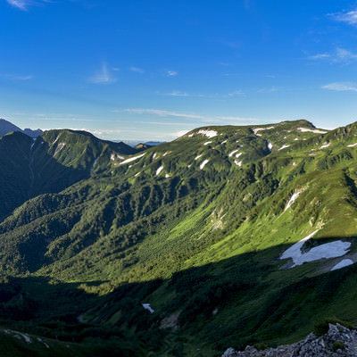 双六山荘から鷲羽岳へと続く裏銀座の登山道と山並みの写真