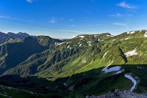 双六山荘から鷲羽岳へと続く裏銀座の登山道と山並み