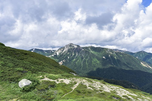 双六岳手前から見る鷲羽岳と北アルプスの山並み