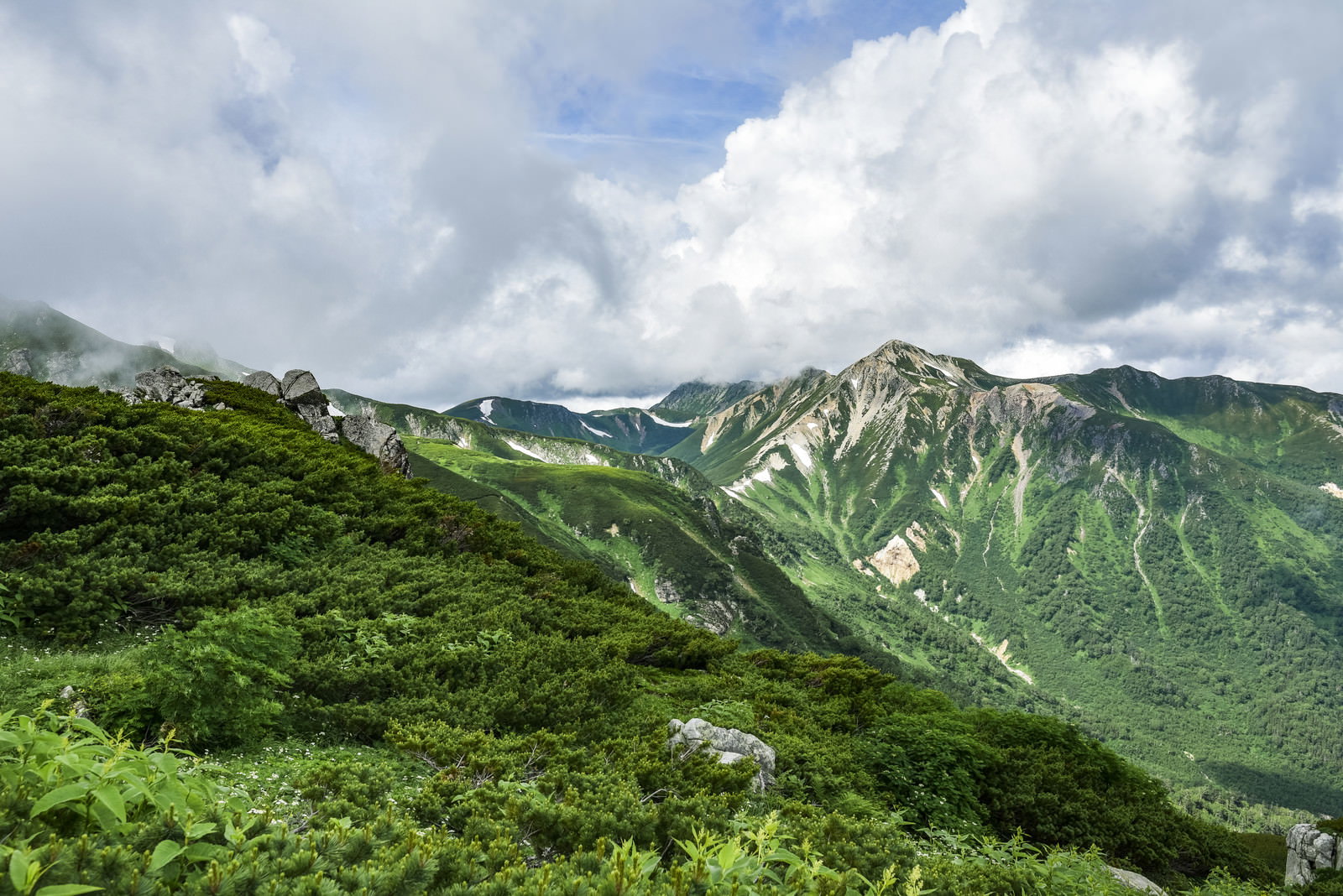 鷲羽岳から見た裏銀座の緑豊かな山々と青空に浮かぶ雲の景色