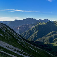 影となった鷲羽岳の斜面と槍ヶ岳の山並み、北アルプスの絶景の写真