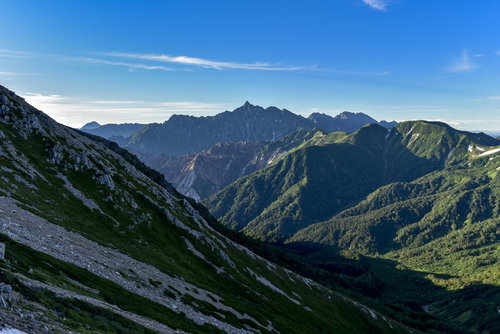 影となった鷲羽岳の斜面と槍ヶ岳の山並み、北アルプスの絶景