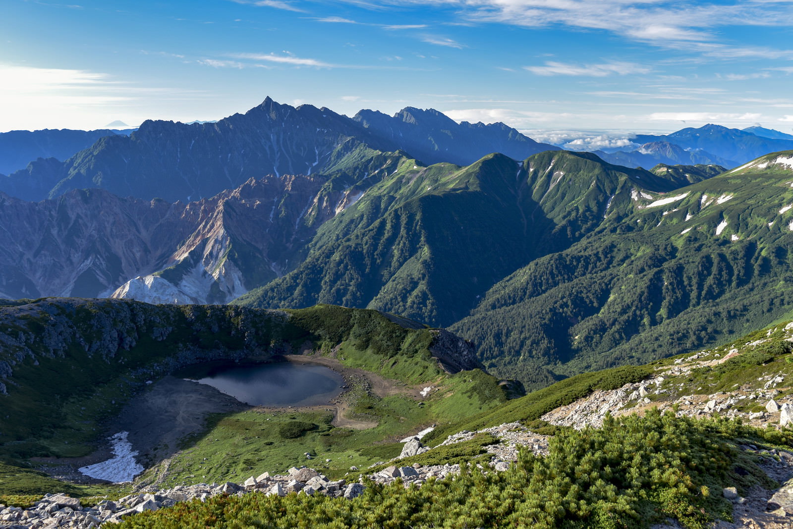 快晴の空の下、鷲羽岳山頂から見える鷲羽池と槍ヶ岳方面の山並み