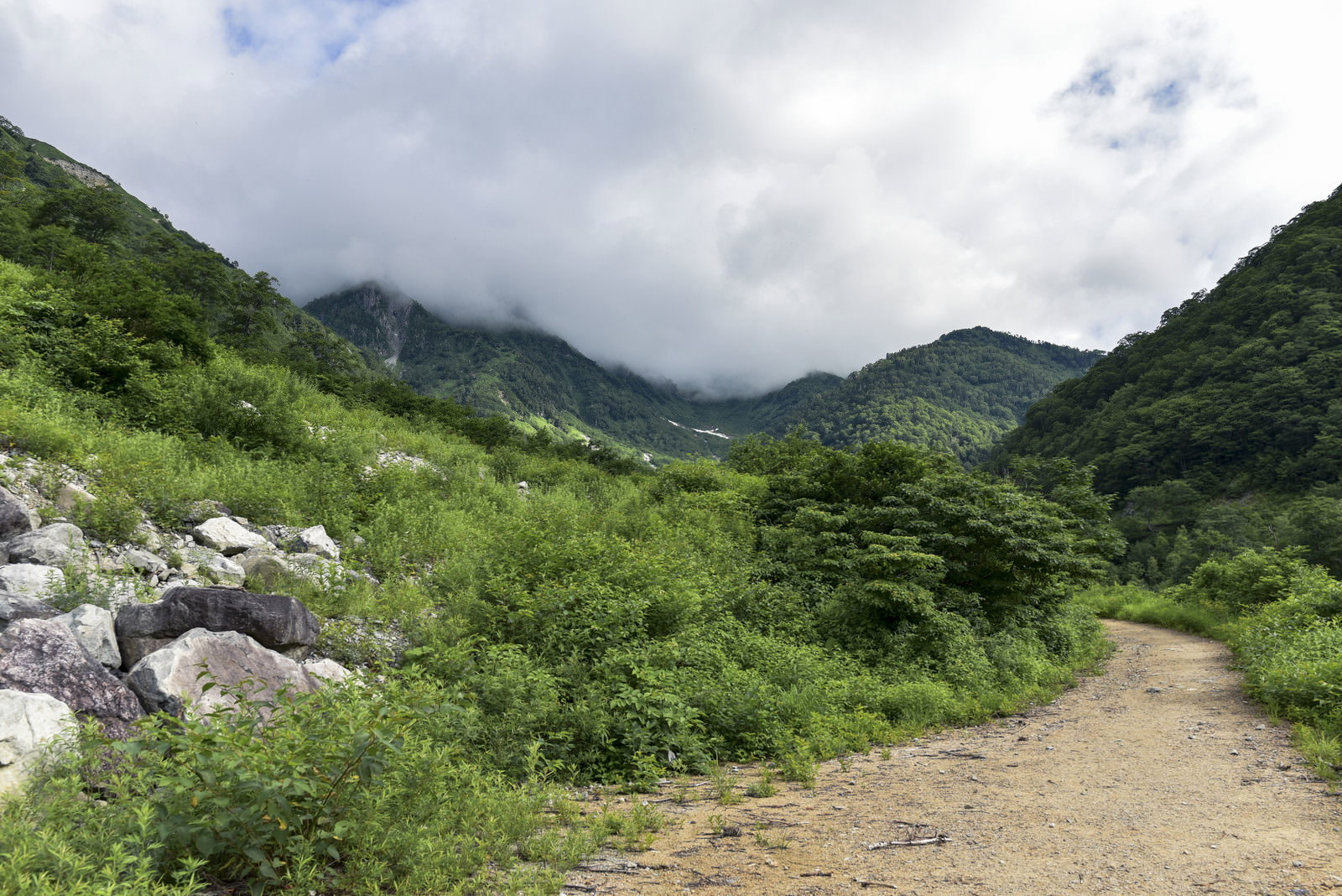 新穂高温泉登山道から見上げる鷲羽岳と雲