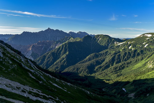 早朝の槍ヶ岳と穂高連峰、双六山荘方面の北アルプス