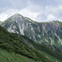 登山道の向こうに顔を出す鷲羽岳の白い斜面と雲の山々の写真