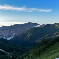 裏銀座の鷲羽岳方面から望む槍ヶ岳と連なる山々の稜線の写真