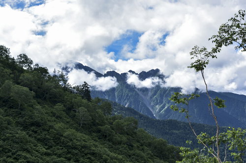 雲がかかるアルプス南部の稜線を見上げる（鷲羽岳）