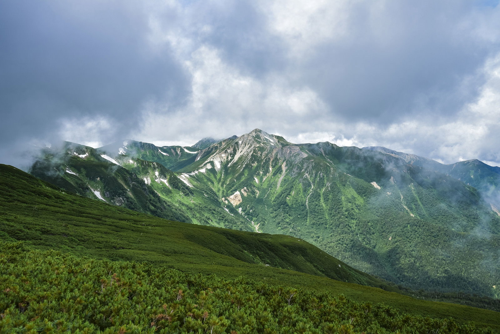 雲に包まれた鷲羽岳と緑の高原が広がる山岳風景