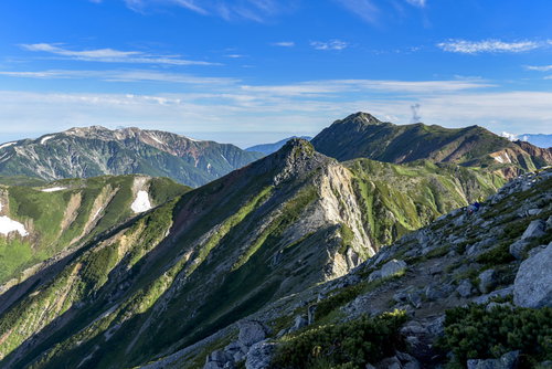 日本百名山の鷲羽岳から見るワリモ岳と水晶岳と薬師岳