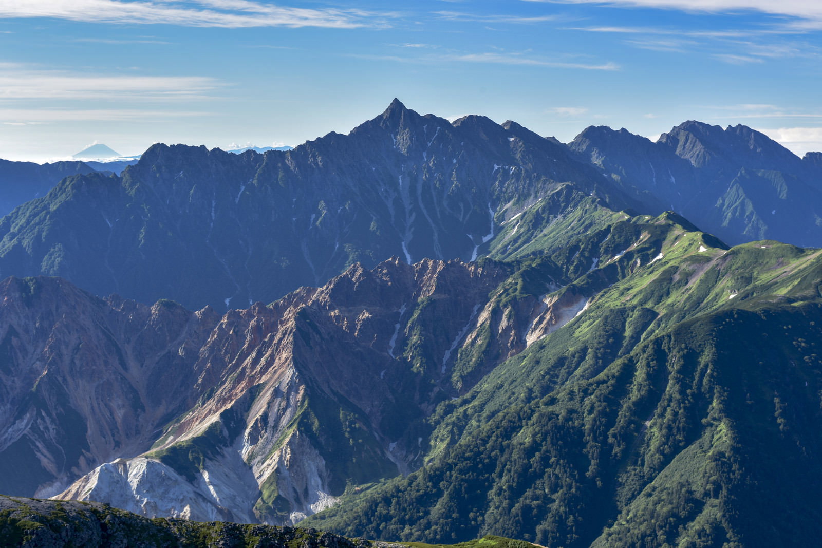 青空の下、緑の山々が連なる稜線と奥に見える槍ヶ岳の山容