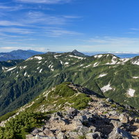 鷲羽岳山頂から見渡す三俣蓮華、双六、笠ヶ岳の稜線の写真