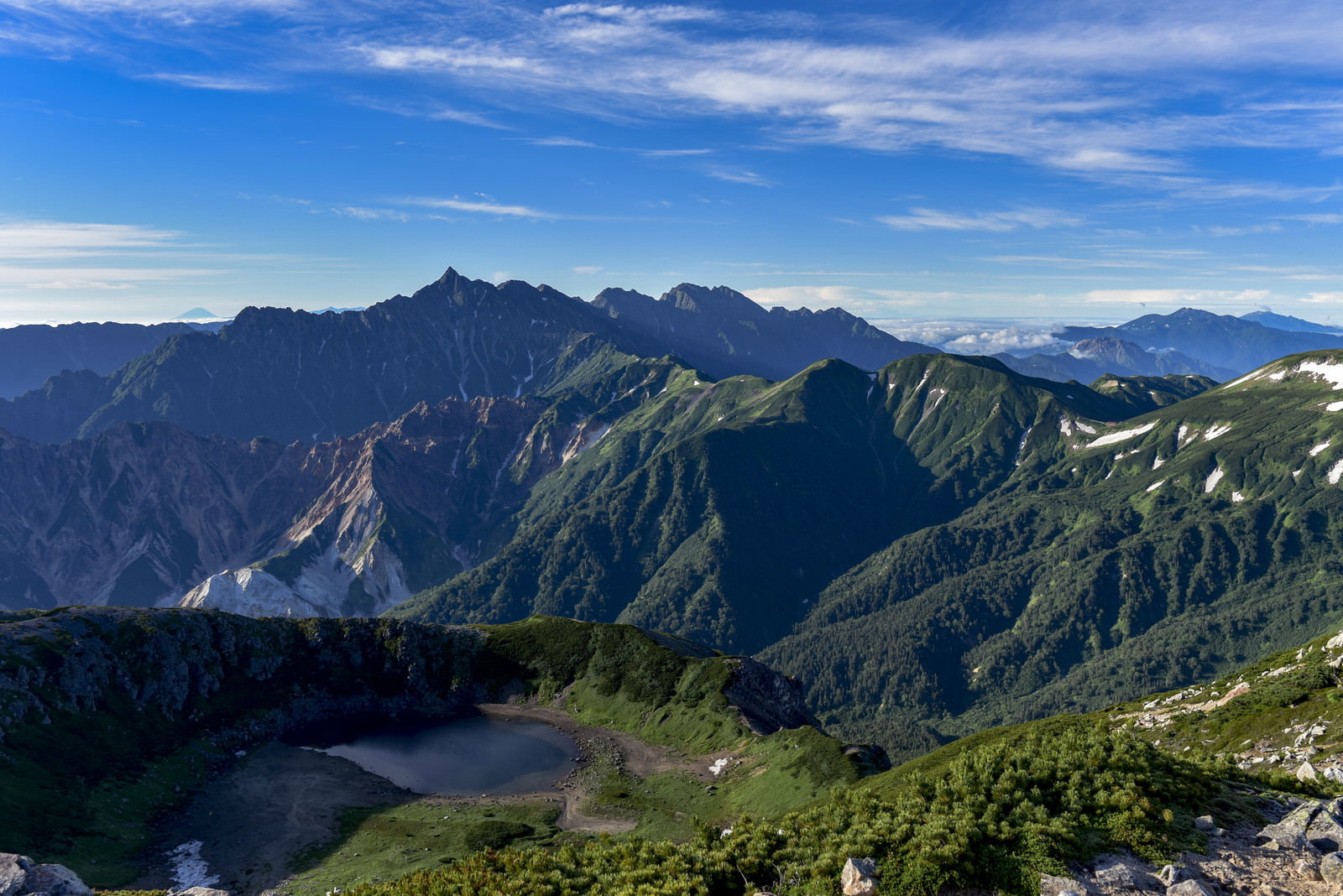青空の下に連なる槍ヶ岳と穂高連峰、手前に鷲羽池が広がる山岳風景