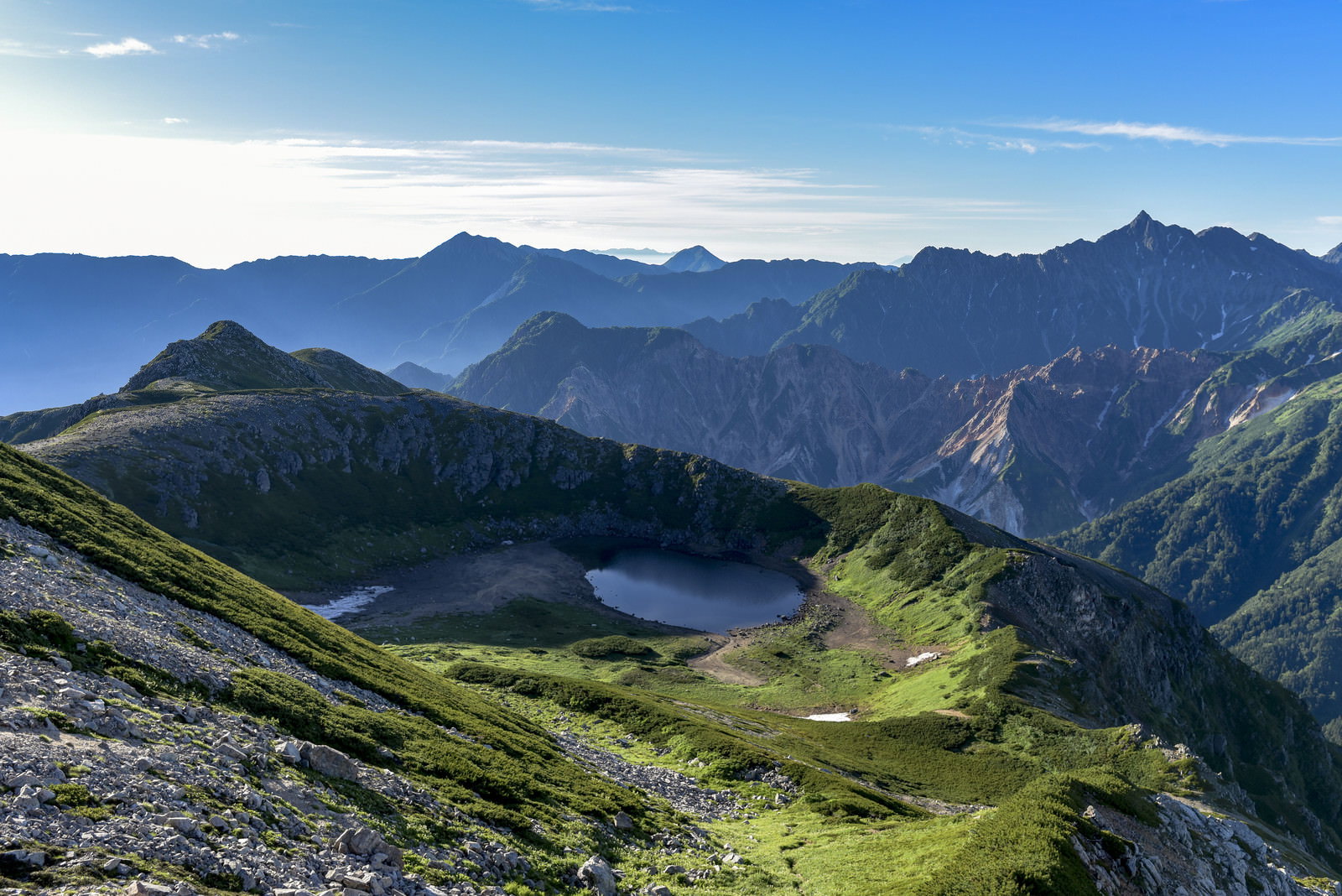 青空の下、緑の山肌に囲まれた鷲羽池と遠方に連なる槍ヶ岳方面の山々