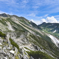 別山方面から見る立山雄山と浄土山の連峰、雲海と青空の山岳風景の写真
